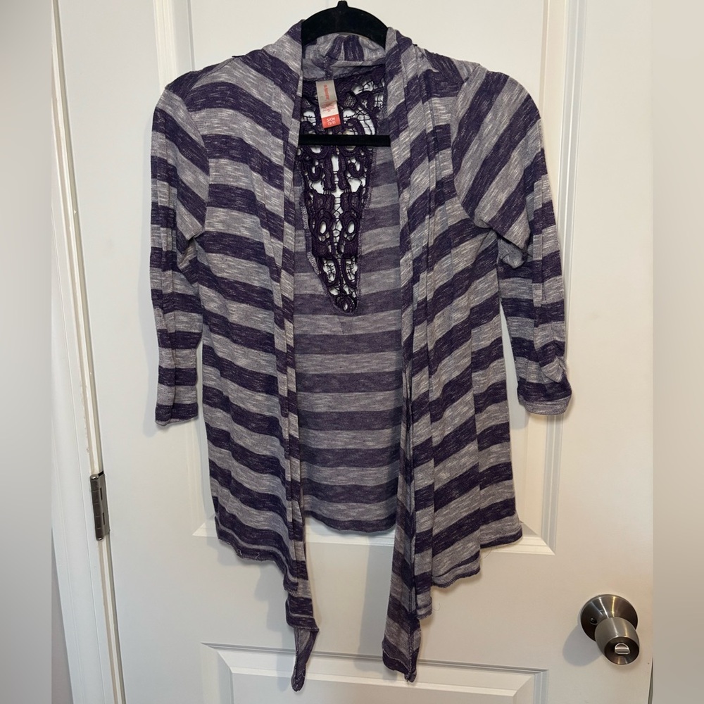 No Boundaries Purple and Gray Striped Lace Back Cardigan